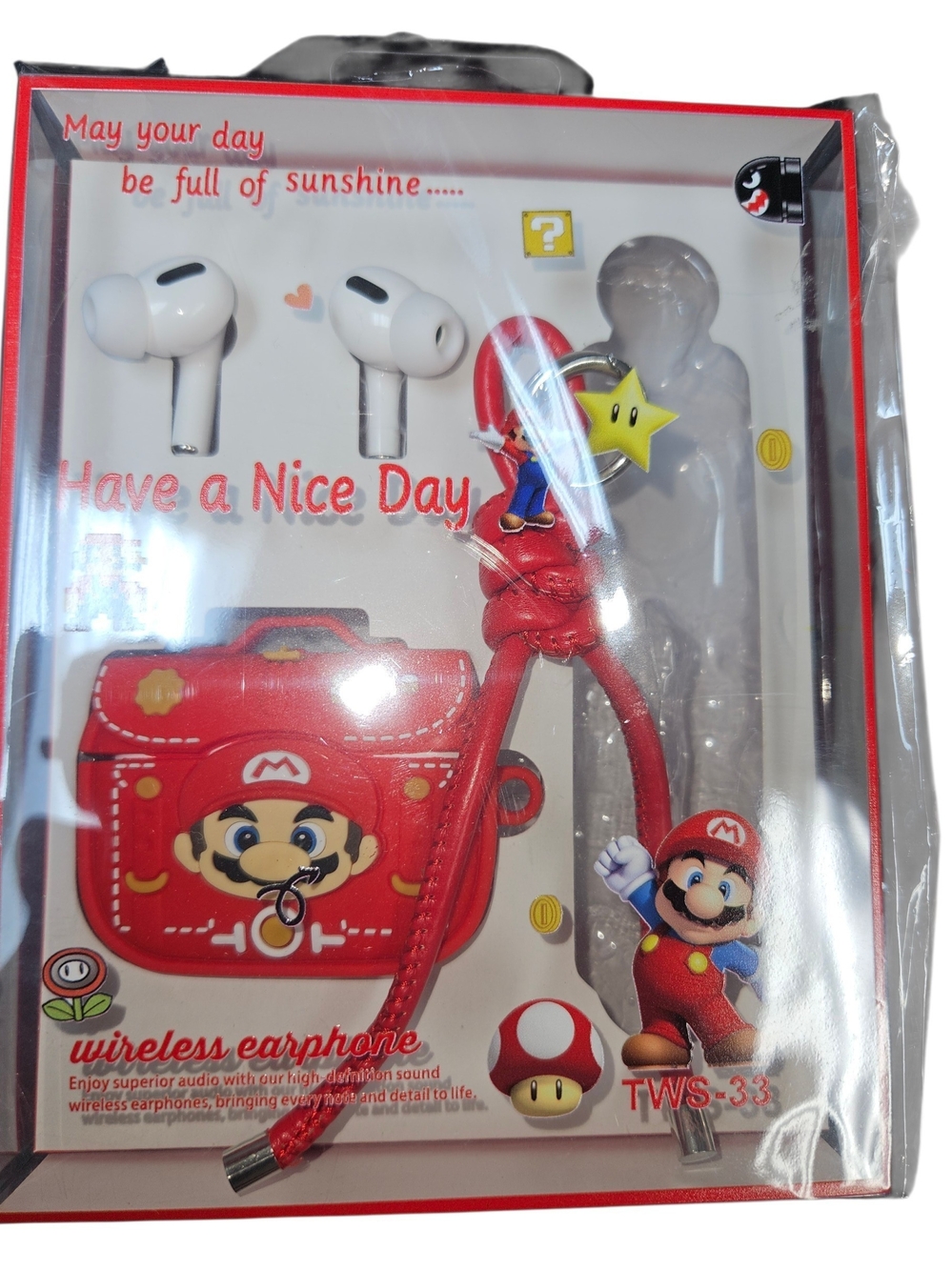 Wireless Earbuds with Red Mario-Themed Case and Lanyard